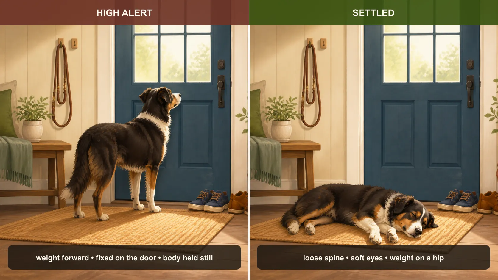 A rendered comparison shows the same silent dog standing on high alert beside a genuinely settled, sleeping posture.