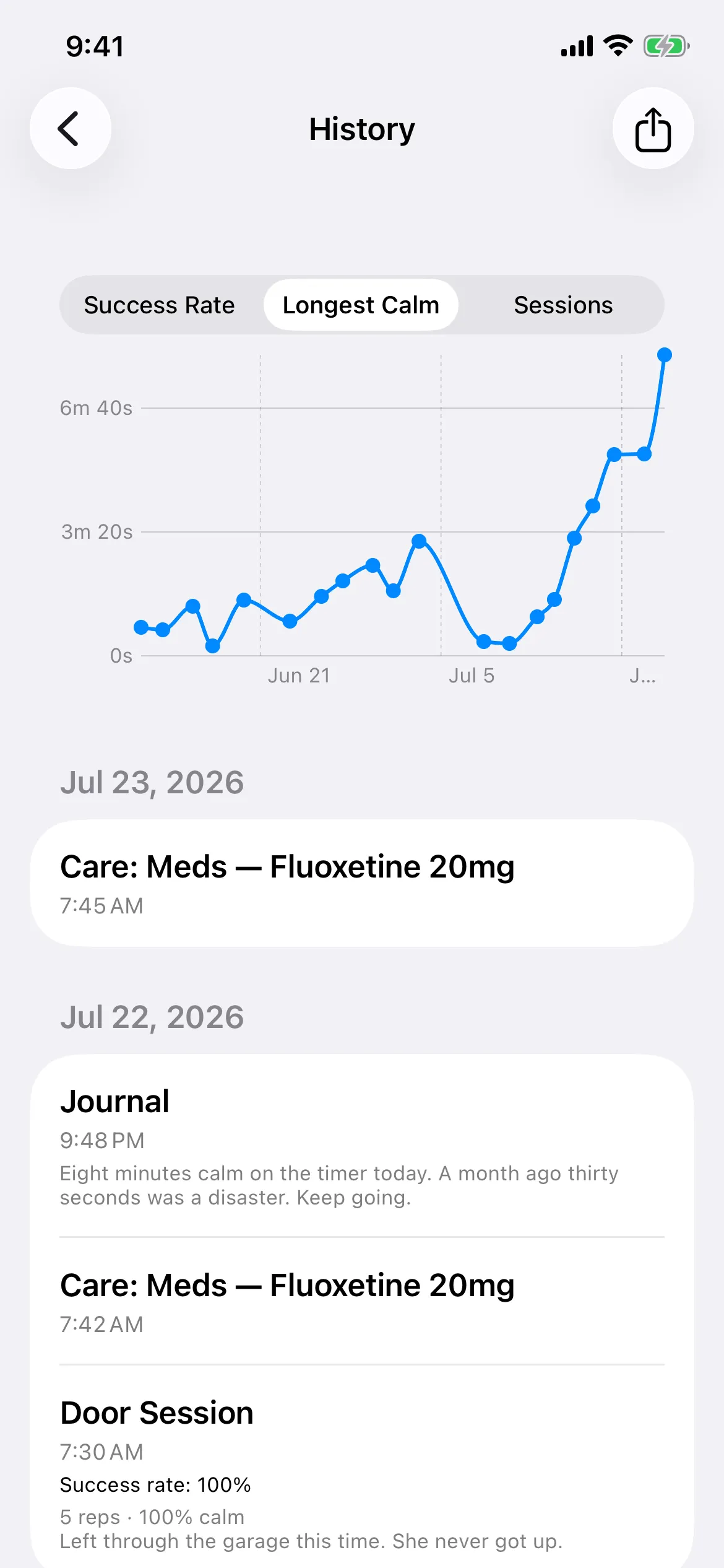Calm Away history screen with a longest-calm chart trending upward and a timeline of sessions, meds, and journal entries