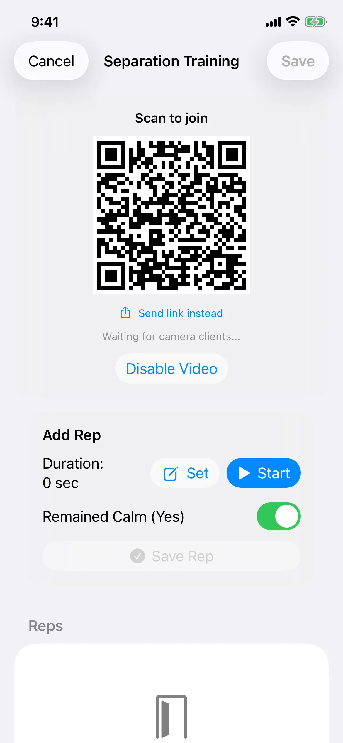 Calm Away separation training screen with a QR code a second device scans to become the camera